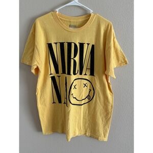 Nirvana Graphic T-Shirt Yellow Smiley Face Logo Band Tee Cotton‎ Large NEW